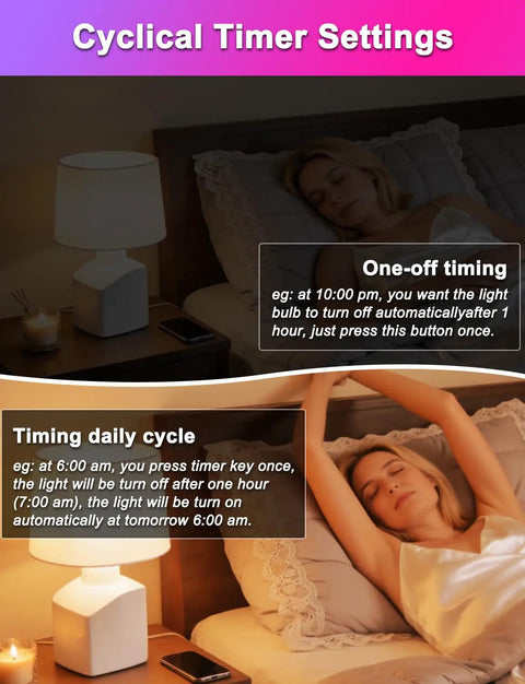 Woman sleeping with lit bedside lamp using Lit Color Changing LED Light Bulbs 70W Equivalent A19 Base, RGBW Dimmable settings