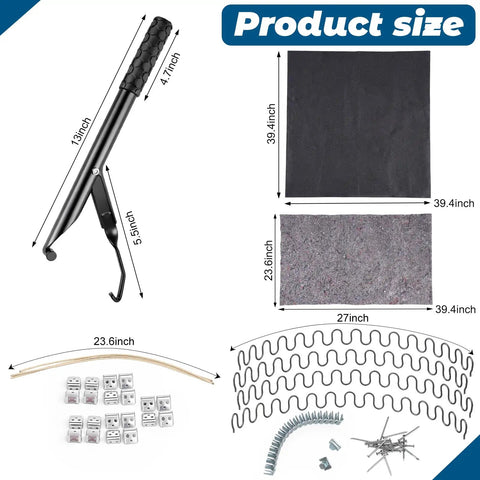 Kick Sag To The Curb With This Boss Level Spring Repair Kit Featuring A Pro Sofa Stretcher, measuring 39.4 inches and 27 inches.