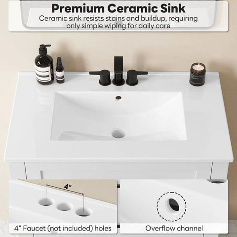 Top Notch 30 Inch Bathroom Vanity With Integrated Sink And Two Roomy Drawers Plus Handy Open Shelf Featuring Clean White Painted Surface with premium ceramic sink.
