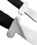 Close-up of Dual Stainless Steel Shaolin Double Dagger Set For Martial Arts Practice And Daily Training with wrapped handles.