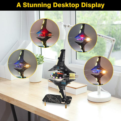 DIY Spaceship Soldering Practice Kit With LED Light Modules on desk with close-ups of illuminated starship design.