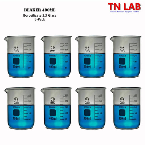 400ml Borosilicate Glass Beaker Set Low Form With Graduations And Pouring Spout 8 Pack Lab Grade Glass For Chemistry Class Or Research Easy Measuring And Smooth Transfers, showing arrangement of all 8 beakers with blue liquid