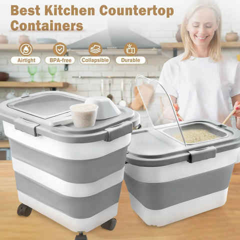 Collapsible Airtight Rice Storage Container with Cup and Scoop, Versatile 10-40 lb, woman using spillproof bin, kitchen.