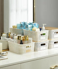 Stacked Small Plastic Storage Bins With Bamboo Lids, 6 Pack, Cream White, 10 X 7.2 X 4.1 Inches, organizing desk items.