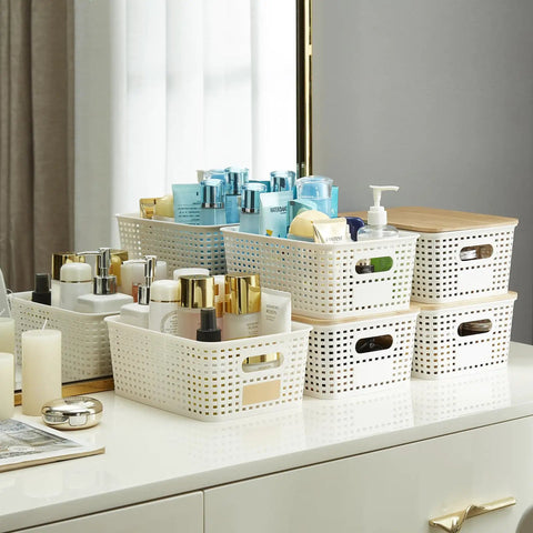 Stacked Small Plastic Storage Bins With Bamboo Lids, 6 Pack, Cream White, 10 X 7.2 X 4.1 Inches, organizing desk items.