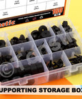 160 Piece Black Automotive Rubber Bumper Stopper Kit With 12 Types Heavy Duty Rubber Bumpers displayed in plastic organizer