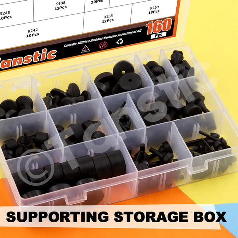 160 Piece Black Automotive Rubber Bumper Stopper Kit With 12 Types Heavy Duty Rubber Bumpers displayed in plastic organizer