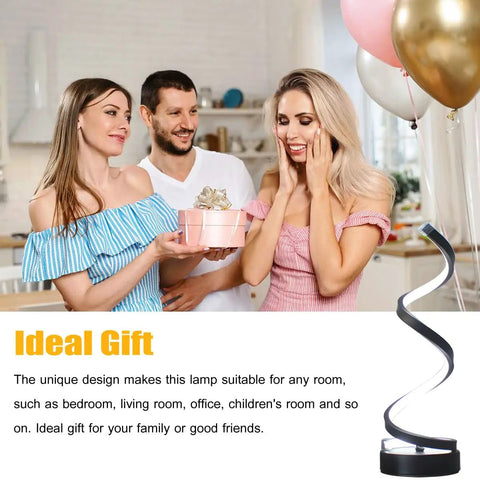Dope 12W LED Table Lamp With Dimmable Spiral Design And 3 Color Modes shown as a gift in a living room setting.