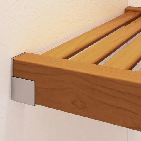 Close-up of Honey Maple top of Top Tier Solid Wood Closet Organizer with soft close drawer and vented shelves.