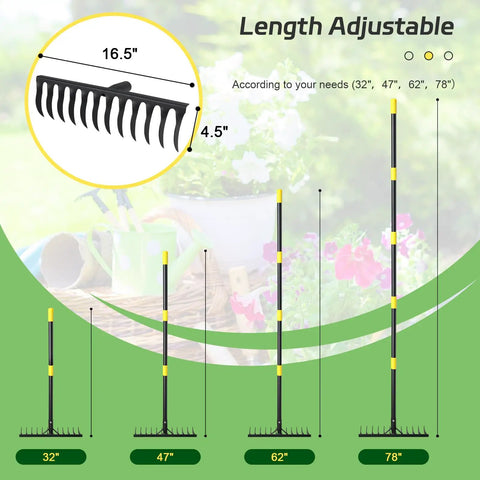 Heavy Duty Garden Rake With 78 Inch Handle And Twisted Tooth Tines 12 Metal Head Rake showing adjustable lengths from 32 to 78 inches.