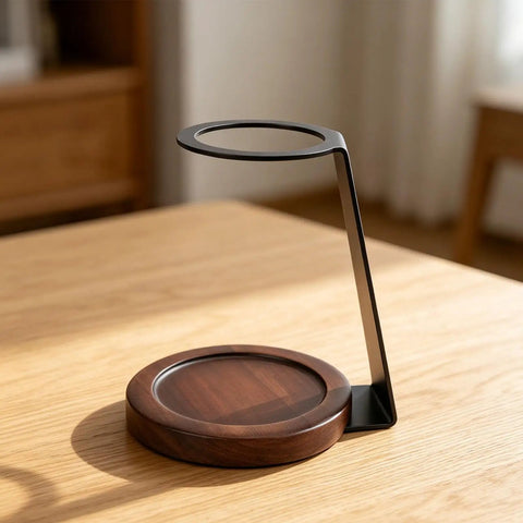 Kickstart Your Morning Routine With This Top Shelf Pour Over Coffee Dripper Stand, Smooth Operator Aluminum And Genuine Wood Filter Holder Rack, No Fuss Drip Brewing Station For Kitchen Counter on wooden table.