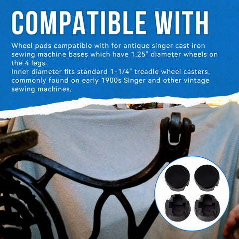 Vintage Singer Cast Iron Sewing Machine Base Caster Wheel Pads For One And A Quarter Inch Treadle Wheels Fits Standard One And A Quarter Inch Casters installed view