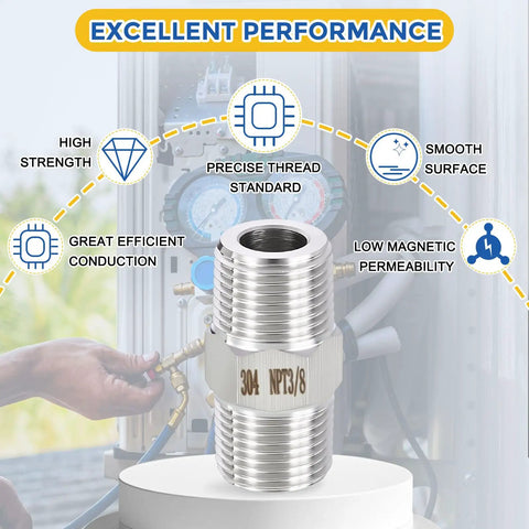 Five Pack Beefy 304 Stainless Steel Pipe Fittings Three Eighths Inch Male NPT To Three Eighths Inch Male NPT Hex Nipple Adapters For Air Oil LP Durable Pipe Connections And Secure Seals
