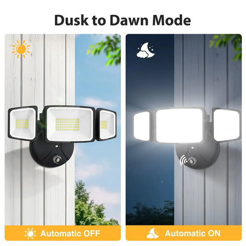 Rugged 80W Dusk To Dawn Outdoor Flood Lights Pumping Out 8000 Lumens IP65 Waterproof 3 Adjustable Heads 6500K Cool White LED Security Bulb For Garage Patio And Yard