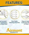 Airmont White Cable Stackers 50 Pack features nail for installation, four cable channels, and snap-in system for secure cable management.