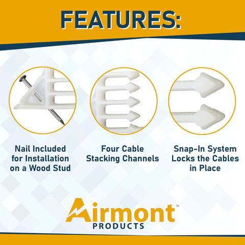 Airmont White Cable Stackers 50 Pack features nail for installation, four cable channels, and snap-in system for secure cable management.