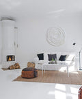 Living room with Rose Foam Ceiling Medallion, paintable white foam ornament, ideal for DIY ceiling decor, real wood look, modern style.