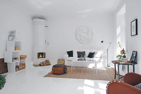Living room with Rose Foam Ceiling Medallion, paintable white foam ornament, ideal for DIY ceiling decor, real wood look, modern style.