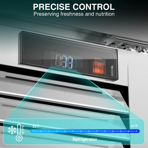 Digital temperature display on Straight Up Reliable Commercial Reach In Refrigerator 82 Inch Tall Three Solid Door Upright Cooler.