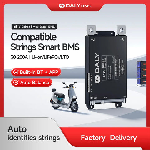 Daly Smart BMS 30-200A for Li-ion/LiFePO4/LTO batteries, designed for e-bikes and delivering real-time Bluetooth stats.