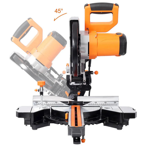 Heavy Duty 10 Inch Sliding Miter Saw With Dual Speed Motor And Razor Sharp Carbide Blade For No Sweat Cuts Quick Angle Adjustments Smooth Operator Build Etl Certified Power Tool at 45-degree angle.