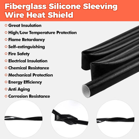 Silicone fiberglass wire heat shield sleeving, black braided insulation, 3/16 in dia, 6.6 ft length