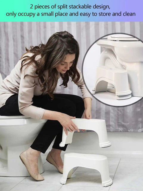 Woman arranging 7 Inch Toilet Stool with Split Two Piece Movable Foot Rests, stackable design in bathroom setting.