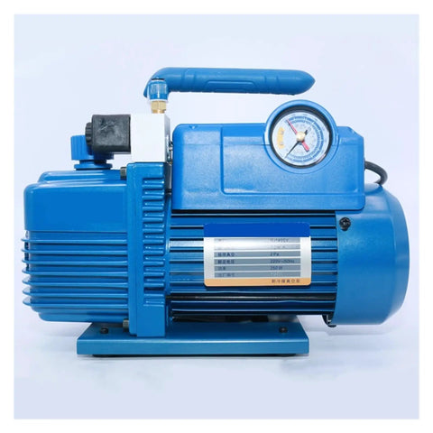 Heavy Duty 2L Two Stage Rotary Vane Vacuum Pump With Built In Solenoid Valve 250W Motor side view highlighting pressure gauge and handle.