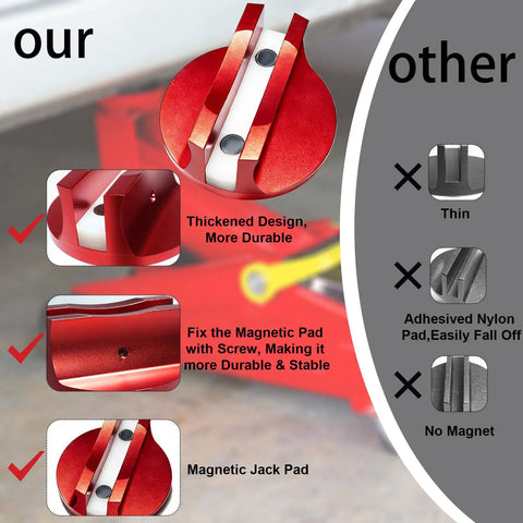 Comparison of red magnetic jack pads set 2 pack with screw fix versus others, highlighting durability and design features.