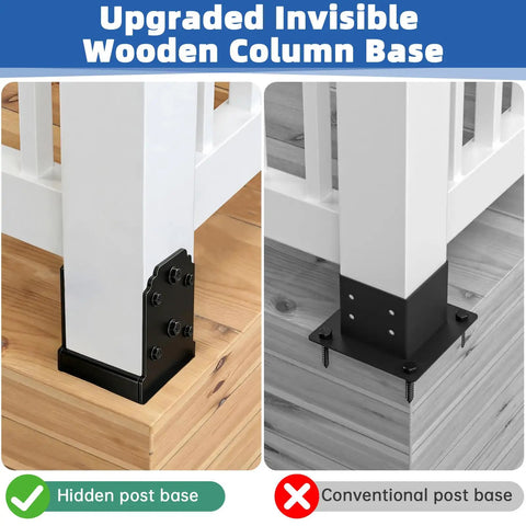 Heavy Duty 6X6 Post Base Featuring Concealed Fasteners For Smooth Kid Friendly Decks With Elevated Concrete Anchoring Support And Built Tough Steel Framing, upgraded design with hidden bolts for stability.