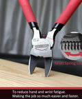 Close-up of 6 Inch Flush Cut Wire Cutters Set 5 Pack With Non Slip Handles, Spring Loaded Diagonal Cutting Pliers on wood surface.