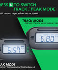 Display of Pro Grade Digital Torque Wrench With Preset Value For Quick, Accurate Tightening 5 To 99.5 Ft-Lbs, showing Track and Peak modes.