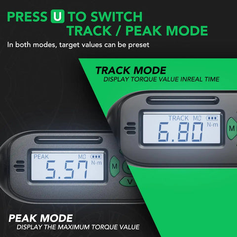 Display of Pro Grade Digital Torque Wrench With Preset Value For Quick, Accurate Tightening 5 To 99.5 Ft-Lbs, showing Track and Peak modes.
