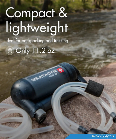 Hiker Pro Transparent Hand Pump Water Filter for Camping and Backpacking, Katadyn microfilter by riverside, portable and lightweight.