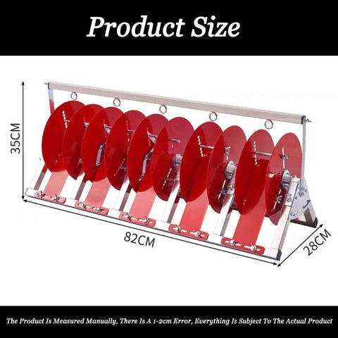 Beefy Steel Wire Spool Rack and Cable Organizer with 5 Rod Dispenser in size dimensions 82cm x 35cm x 28cm with red discs.