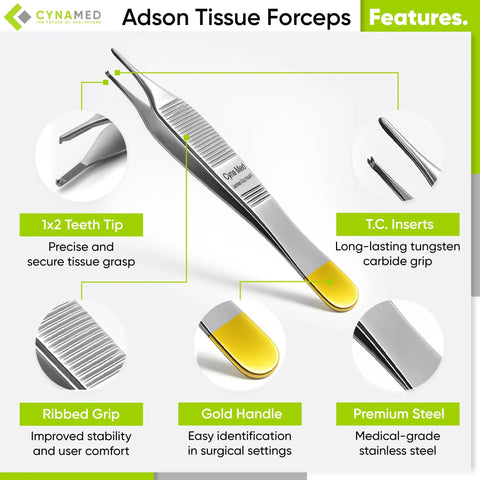 Adson Tissue Forceps 4.75 inch Straight Fine Point with Tungsten Carbide Inserts Gold Handle 1x2 Teeth for precise tissue handling