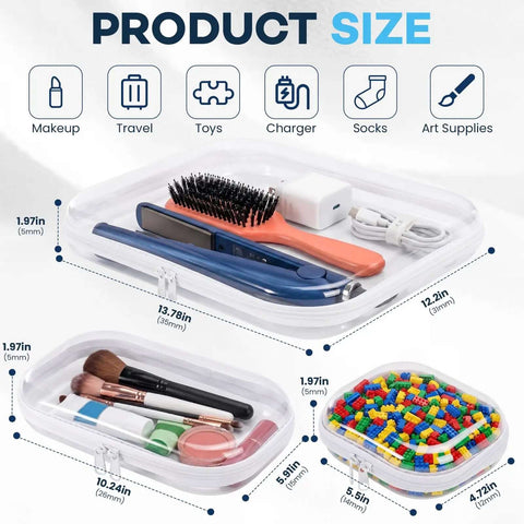 Top Tier Seven Piece Set Of Heavy Duty Hard Shell Zipper Cases Acting As Crush Proof Diaper Bag Organizers To Keep Bottle And Gear Stash Locked Tight While You Ride Out The Daily Chaos with various items organized inside
