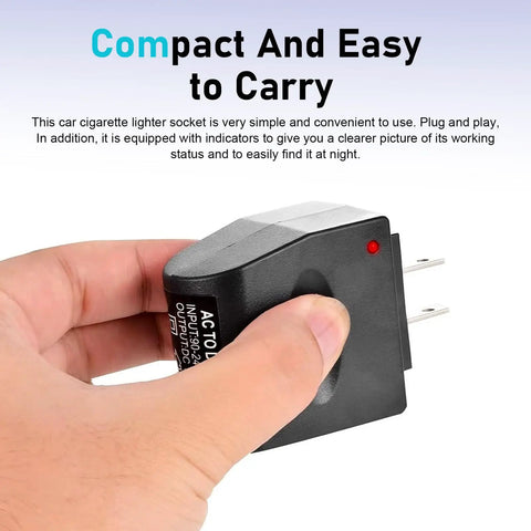 Universal AC To DC Power Converter That Brings House Current To Your Automotive Gear Straightforward Plug And Play Setup Works Like A Champ For Car Vacuums Air Pumps And Coolers In Bold Black held in hand.