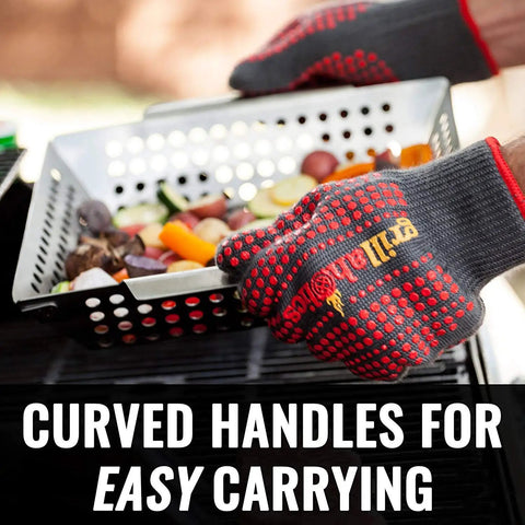 Premium Stainless Steel Grill Basket for Outdoor Grilling Extra Large Family Size being used with curved handles for easy carrying