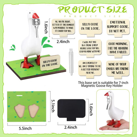Image of Magnetic Goose Key Holder With Wooden Base And Writable Sign Cute Resin Goose Statue Desk Deco 11 Piece Set With Chalk And Printing Boards.