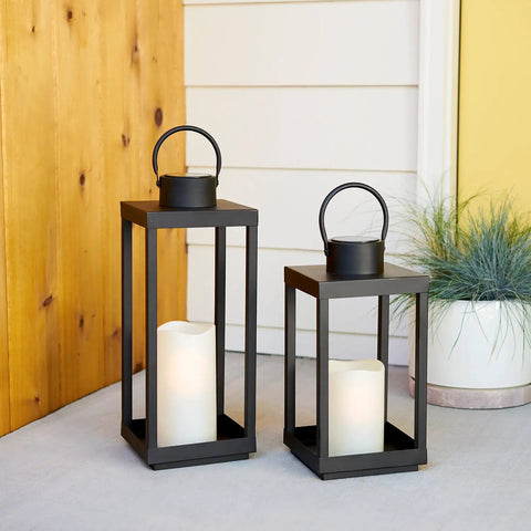 Outdoor Solar Lantern For Porch And Patio, Large Black Metal Lantern With Waterproof LED Candle, No Glass, 14 Inches