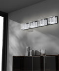 4 Light LED Bathroom Vanity Light 33.5 Inch Chrome Finish Dimmable Fixtures With Transparent Acrylic Lampshades 6000K Cold White Illumination