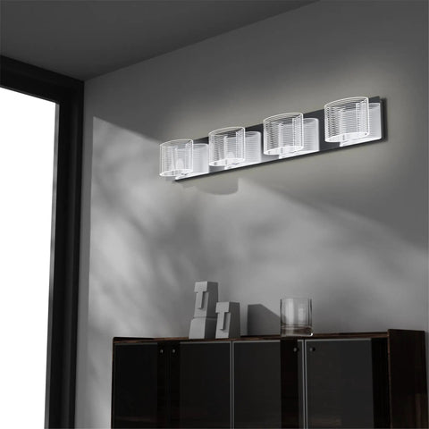 4 Light LED Bathroom Vanity Light 33.5 Inch Chrome Finish Dimmable Fixtures With Transparent Acrylic Lampshades 6000K Cold White Illumination
