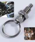 Four Pack Top Shelf Stainless Steel Spring Loaded Indexing Plungers With Quick Release Pull Knobs Heavy Duty Lockout Hardware close-up with key ring.