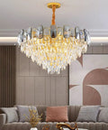 Premium Smoke Gray Crystal Chandelier Ceiling Fan 42 Or 48 Inch Dimmable LED Lights Smart Three Color Remote Control Gold Tone Blades in modern living room.