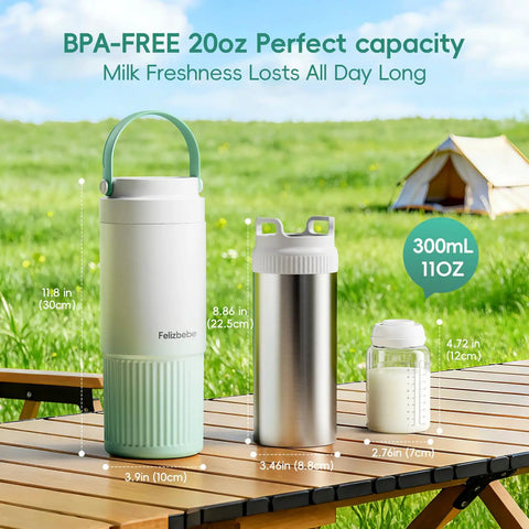 Double Wall Vacuum Insulated Breast Milk Cooler Keeps Your Baby Stash Frosty For Over 24 Hours With Premium Steel Core And Leakproof Lid, two breast milk storage bottles.