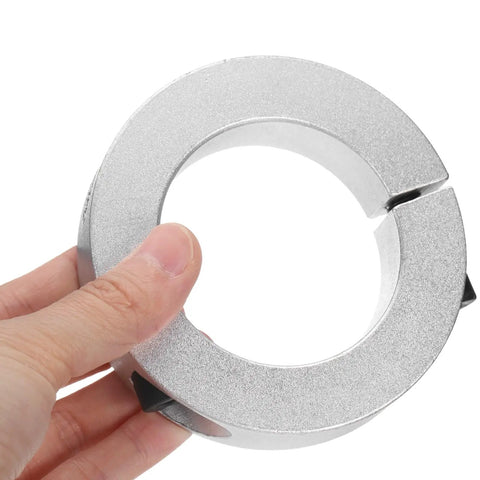Hand holding Two Piece Double Split Shaft Collar Clamp On 60Mm Bore, 95Mm Outer Diameter, 22Mm Thick, Aluminum Alloy Set Screw Collar