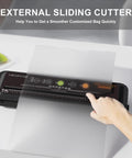 Powerful Compact Vacuum Sealer with One Touch Auto Seal, 80kPa suction, black design showcasing external sliding cutter.