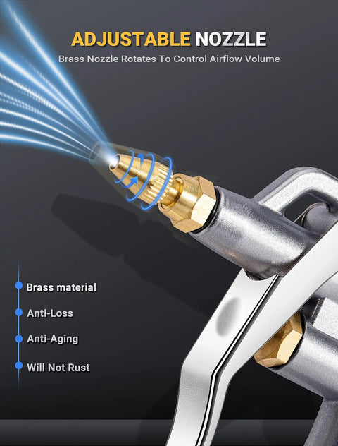 Pro Grade Heavy Duty High Volume Air Blow Gun With Powerful Venturi Nozzle brass adjustable nozzle detail close-up