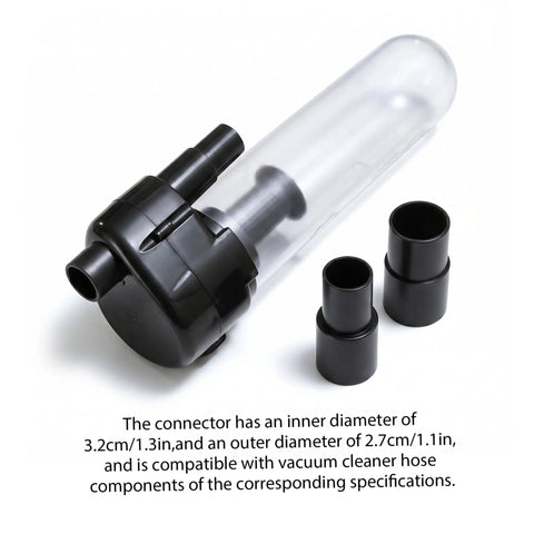 Heavy Duty Plastic Cyclone Dust Separator With Adapter For Vacuum Systems showing transparent black connector with hose attachments.